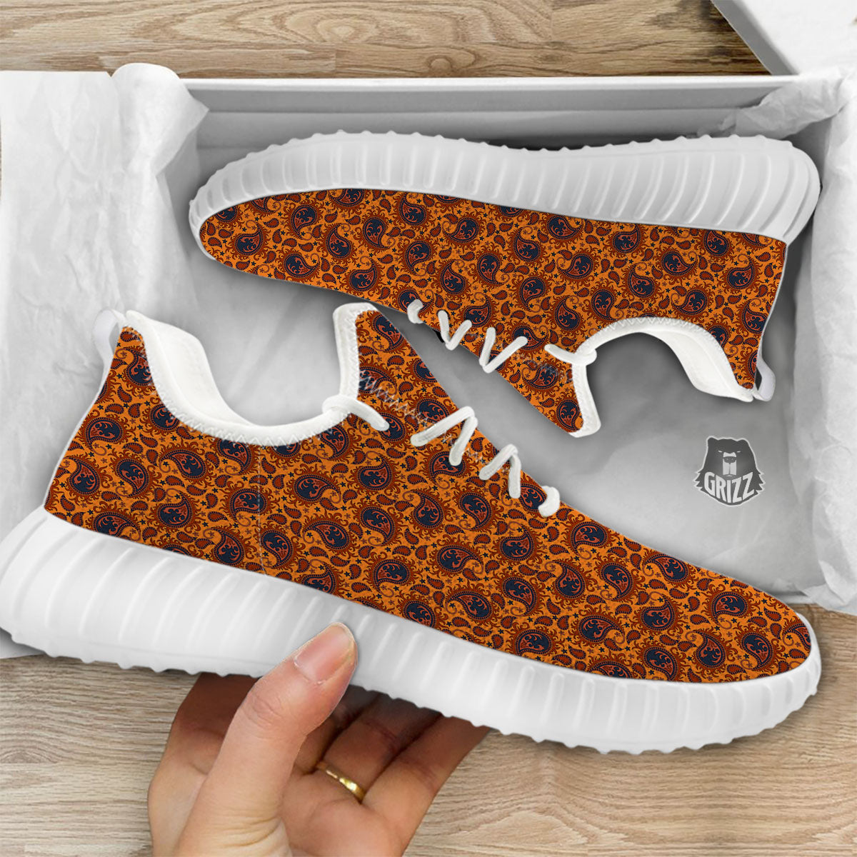 Paisley Bandana Orange Print White Walking Shoes-grizzshop