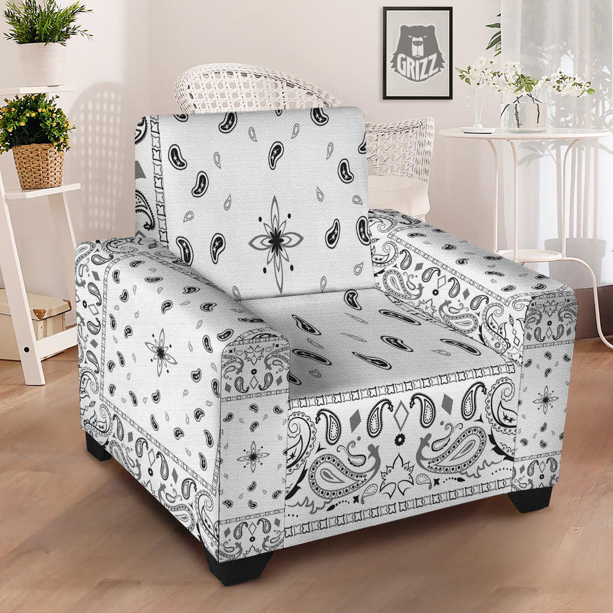 Paisley Bandana White And Black Print Armchair Slipcover-grizzshop