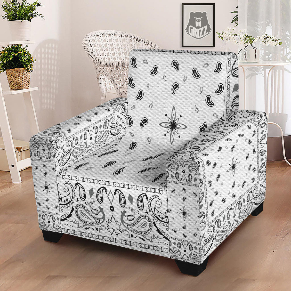 Paisley Bandana White And Black Print Armchair Slipcover-grizzshop