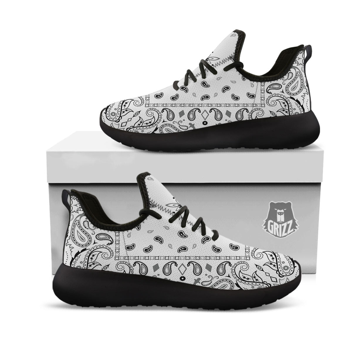 Paisley Bandana White And Black Print Black Athletic Shoes-grizzshop