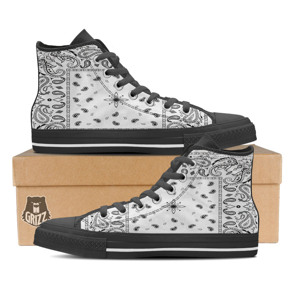 Paisley Bandana White And Black Print Black High Top Shoes-grizzshop