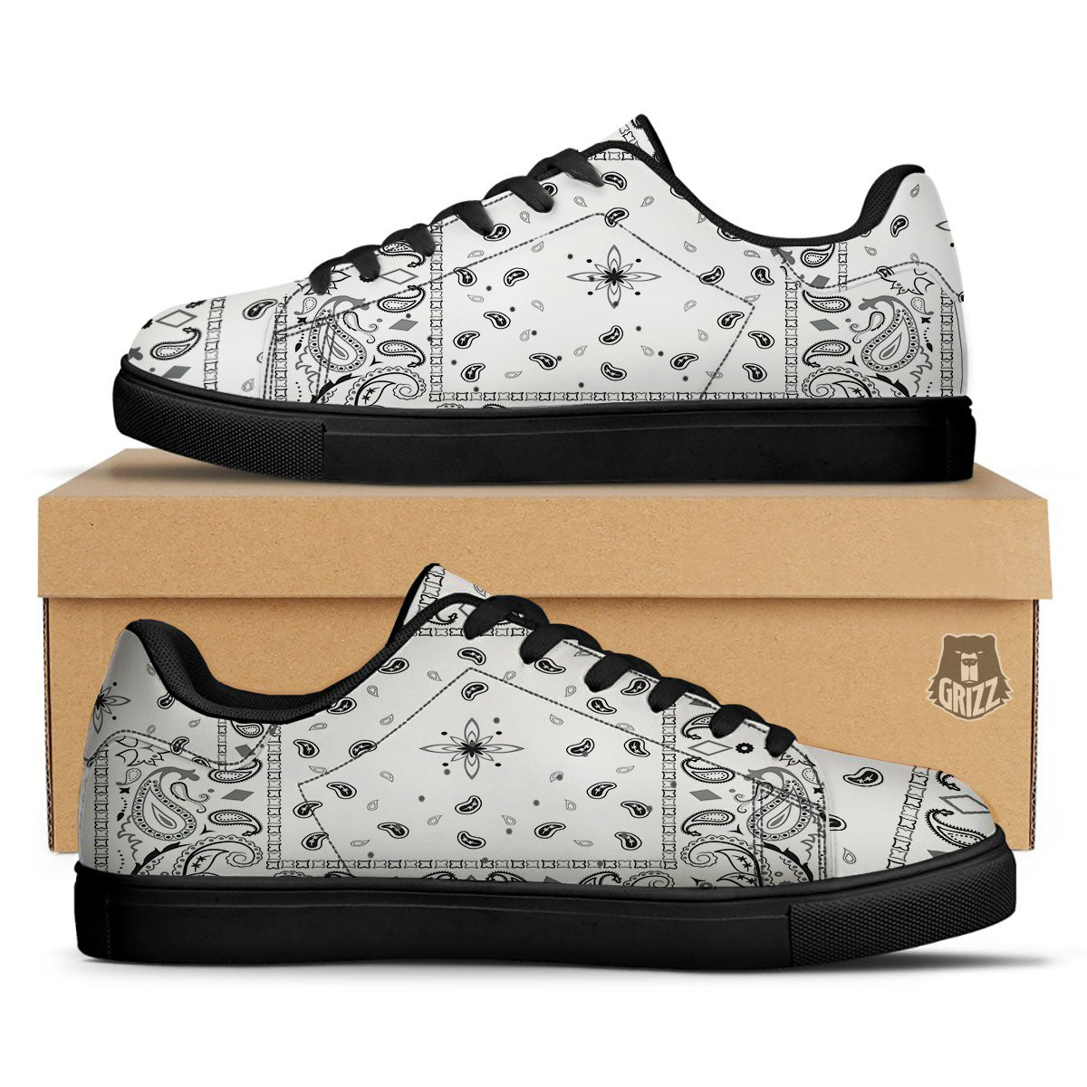 Paisley Bandana White And Black Print Black Low Top Sneakers-grizzshop