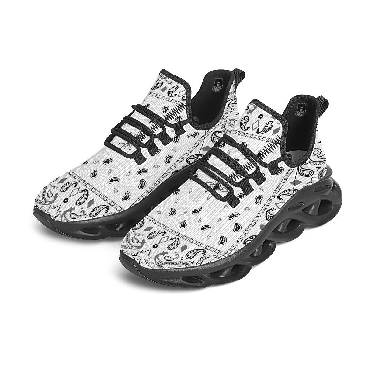 Paisley Bandana White And Black Print Black Running Shoes-grizzshop