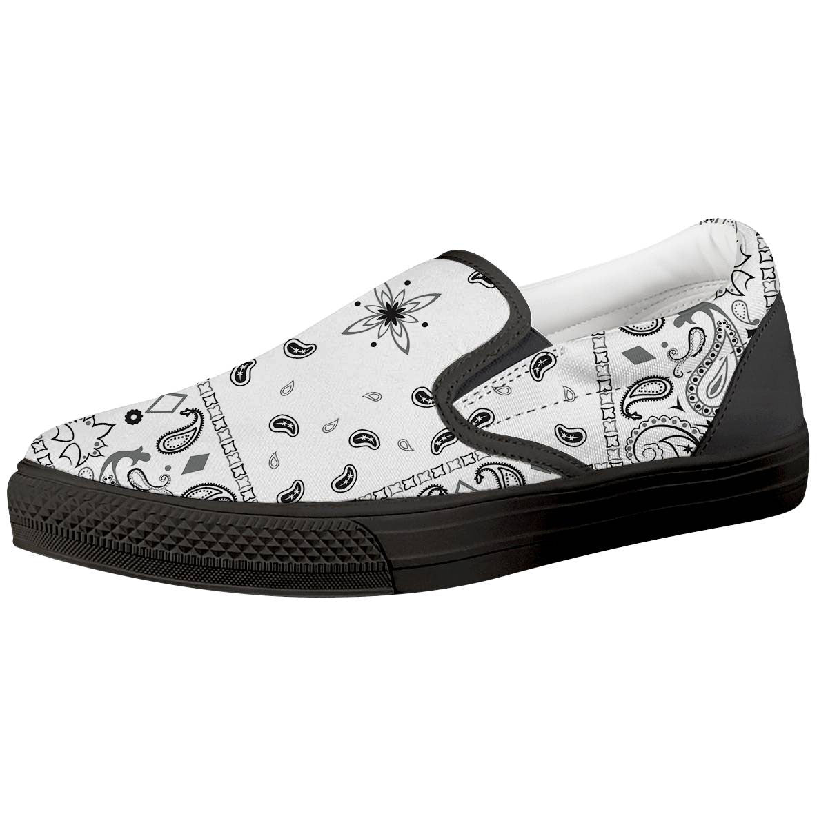 Paisley Bandana White And Black Print Black Slip On Shoes-grizzshop