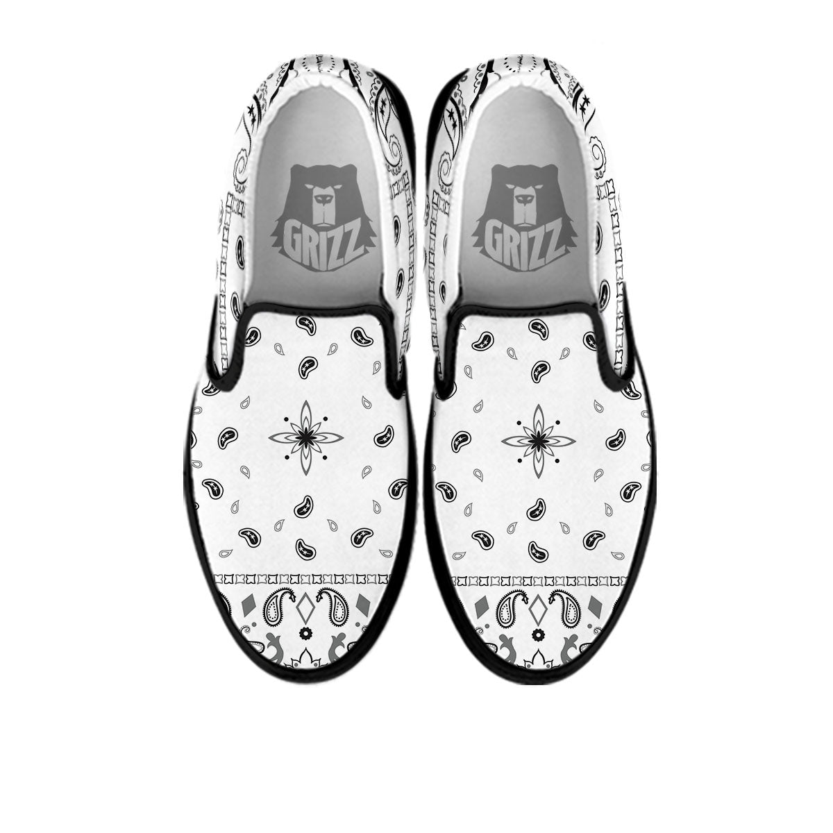 Paisley Bandana White And Black Print Black Slip On Shoes-grizzshop