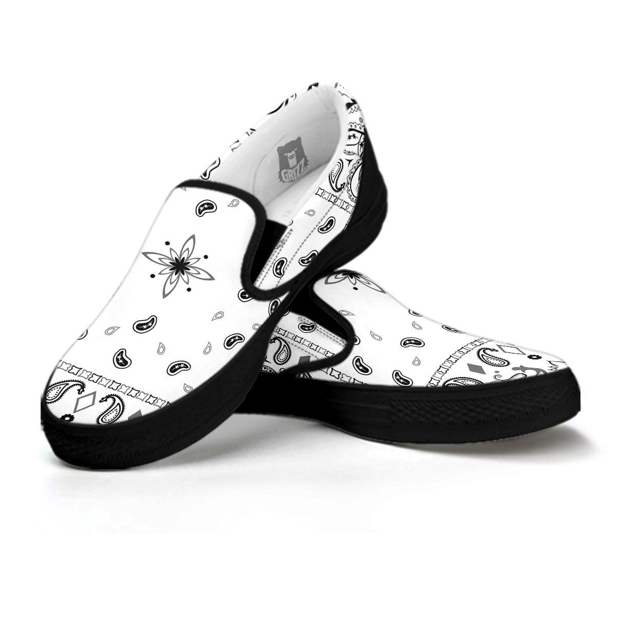 Paisley Bandana White And Black Print Black Slip On Shoes-grizzshop