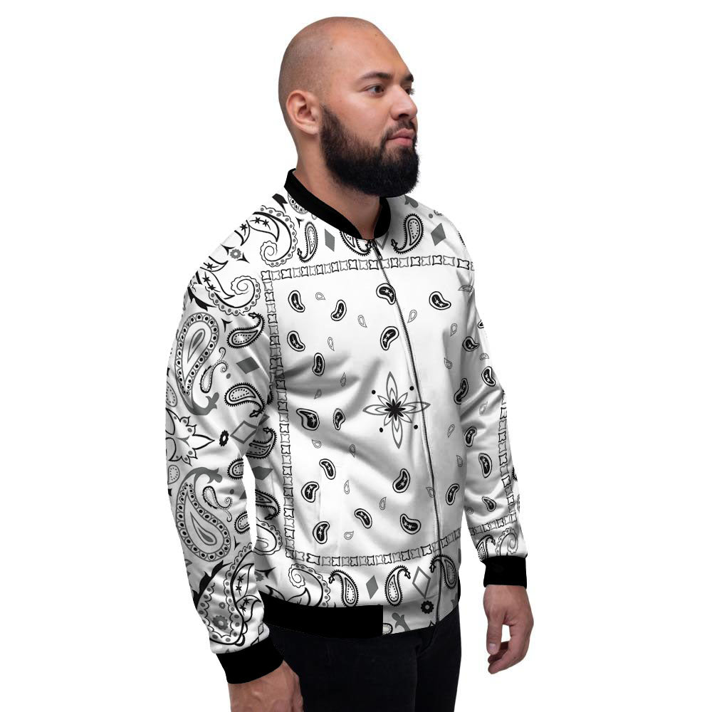 Paisley Bandana White And Black Print Men's Bomber Jacket-grizzshop