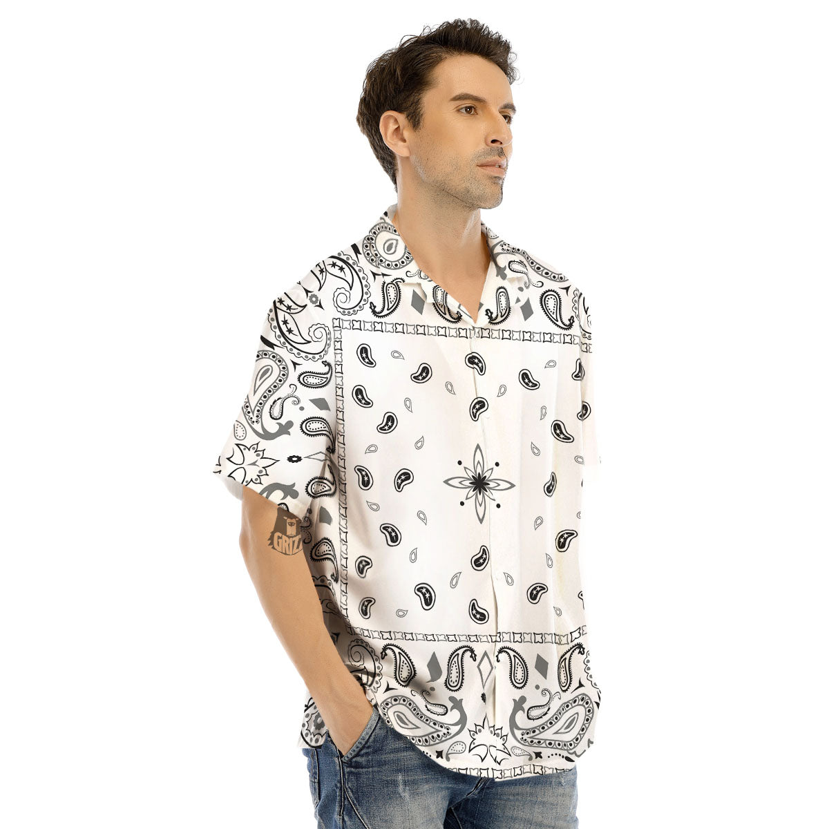 Paisley Bandana White And Black Print Men's Hawaiian Shirt-grizzshop