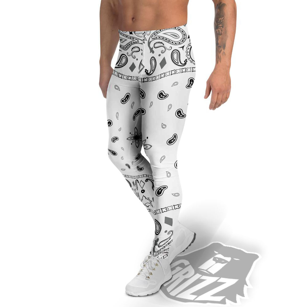 Paisley Bandana White And Black Print Men's Leggings-grizzshop