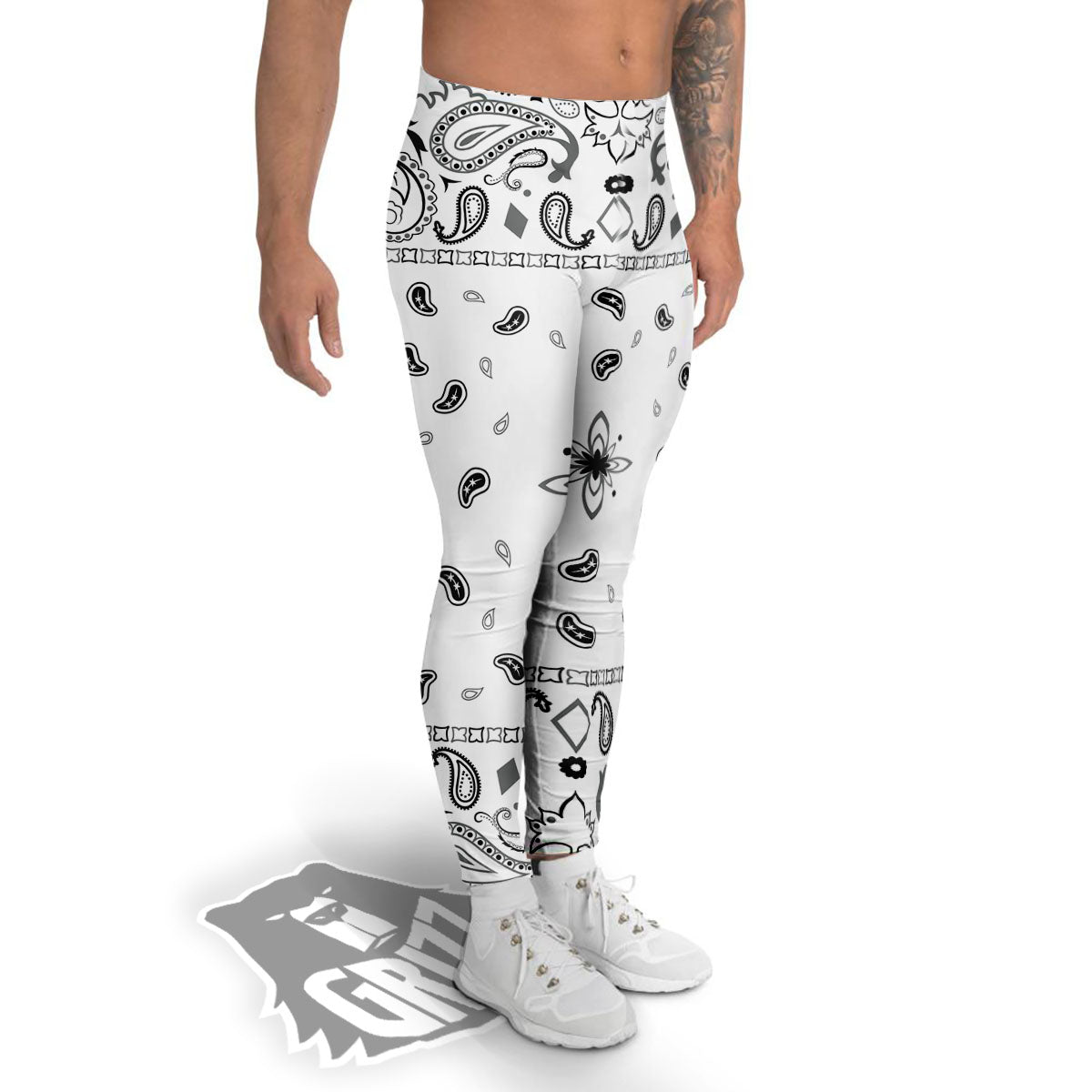 Paisley Bandana White And Black Print Men's Leggings-grizzshop