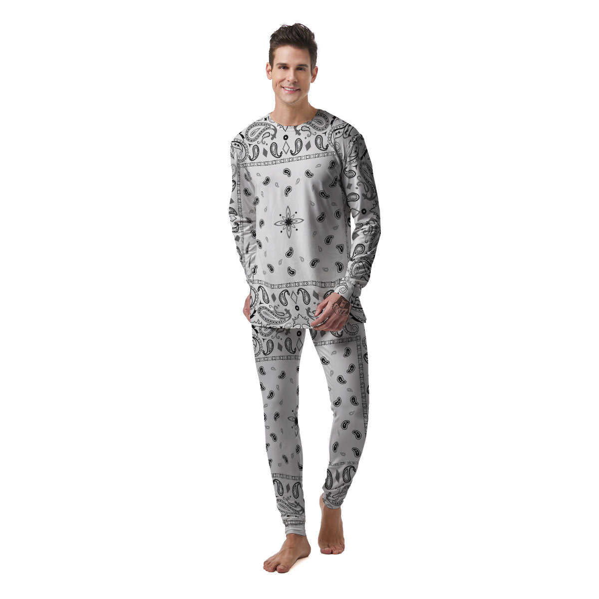 Paisley Bandana White And Black Print Men's Pajamas-grizzshop