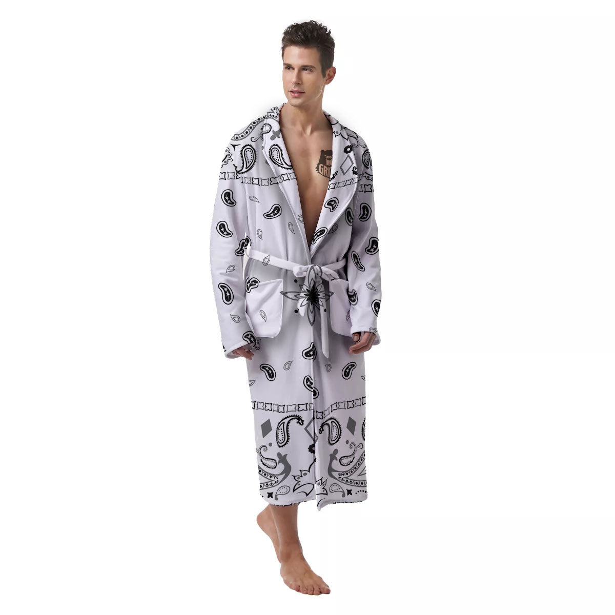 Paisley Bandana White And Black Print Men's Robe-grizzshop