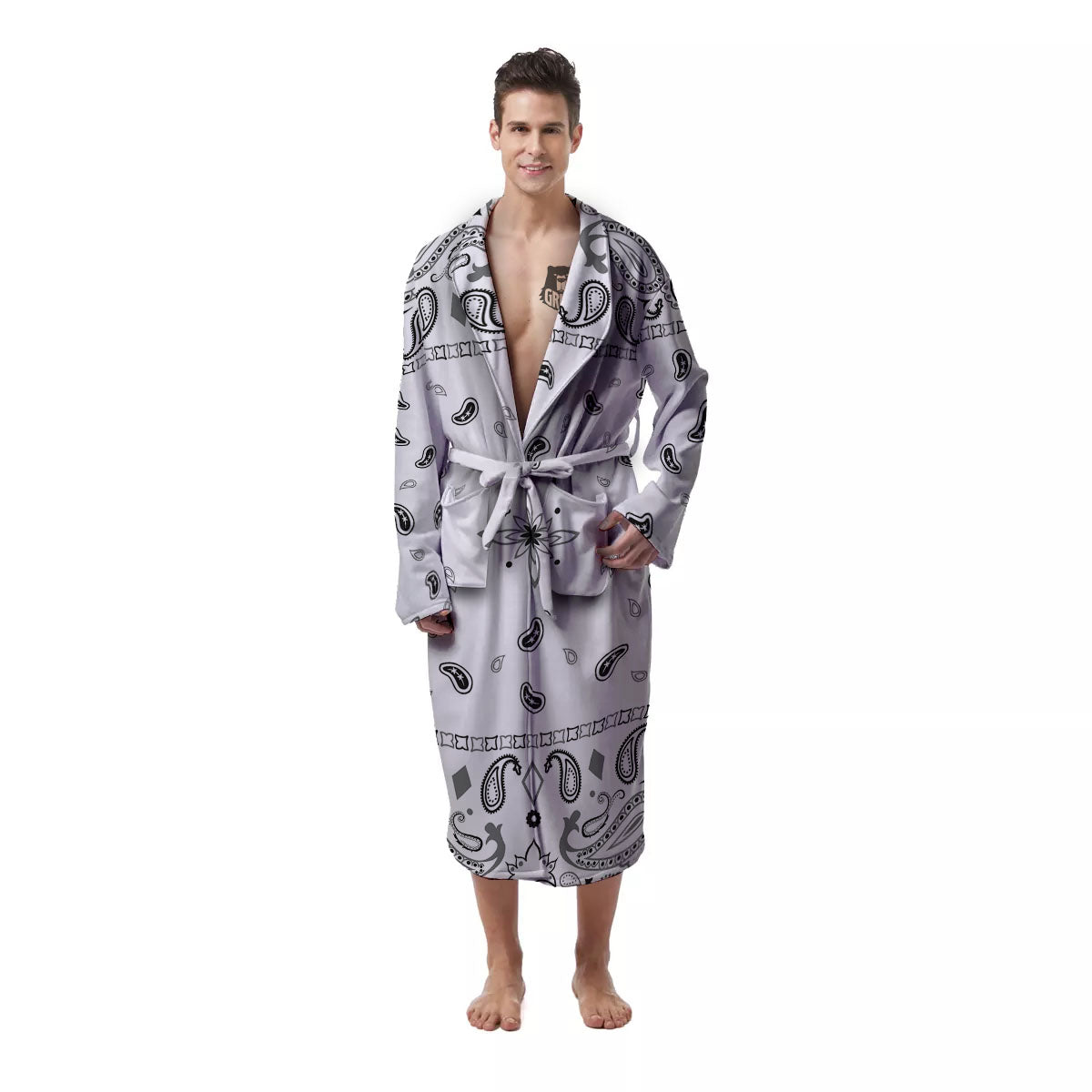 Paisley Bandana White And Black Print Men's Robe-grizzshop