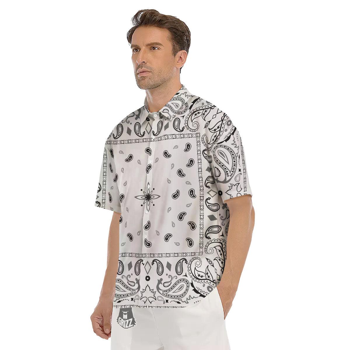 Paisley Bandana White And Black Print Men's Short Sleeve Shirts-grizzshop