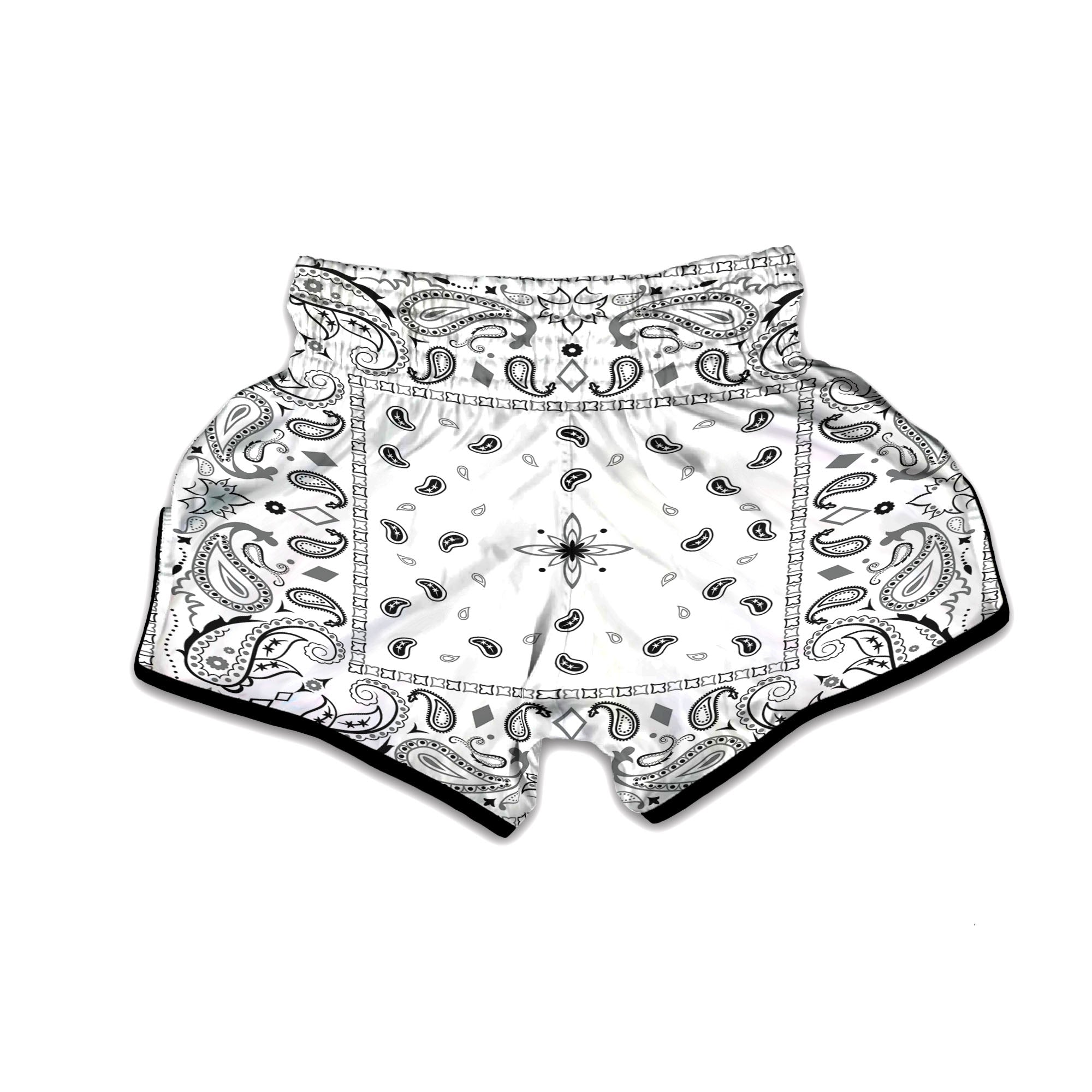 Paisley Bandana White And Black Print Muay Thai Boxing Shorts-grizzshop