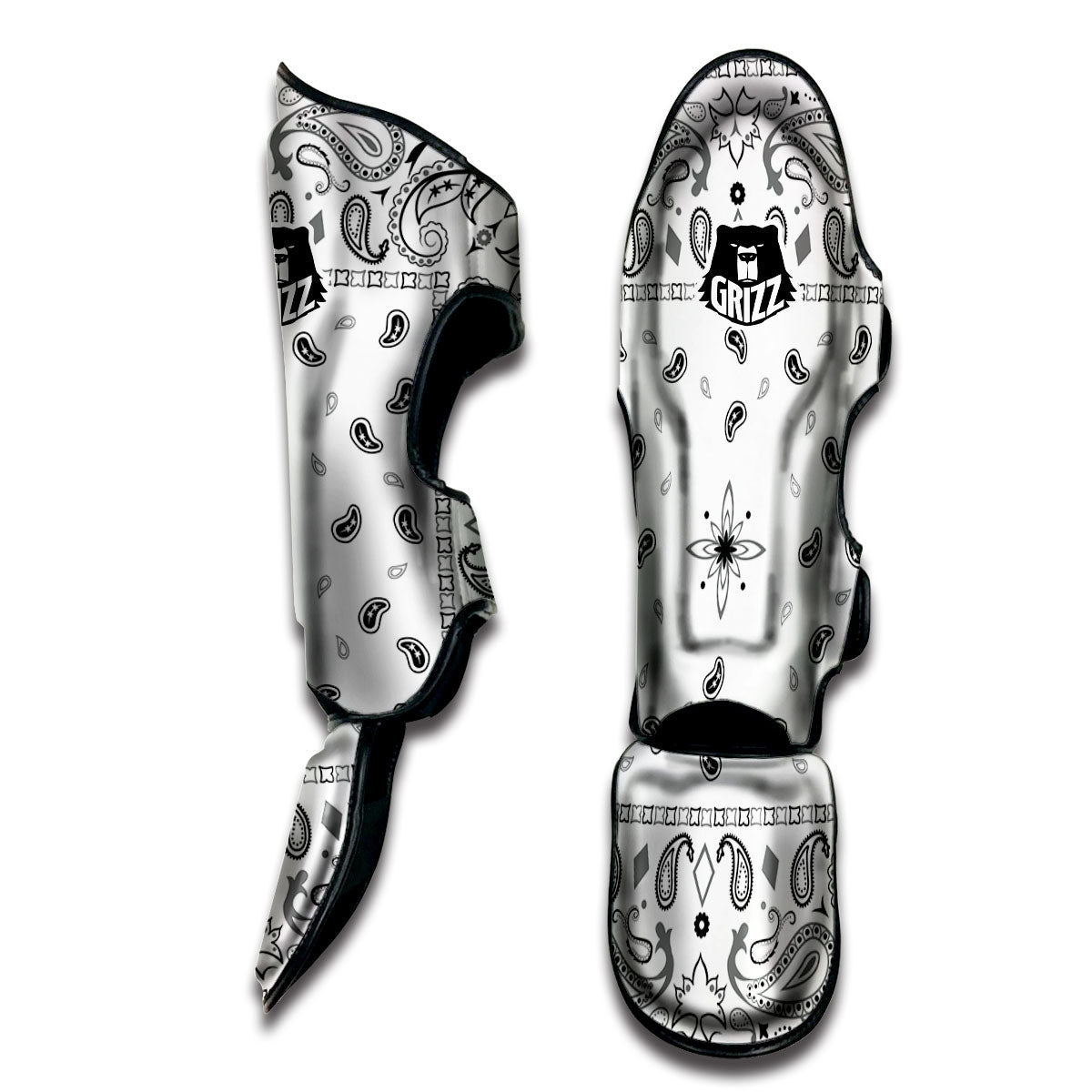 Paisley Bandana White And Black Print Muay Thai Shin Guards-grizzshop