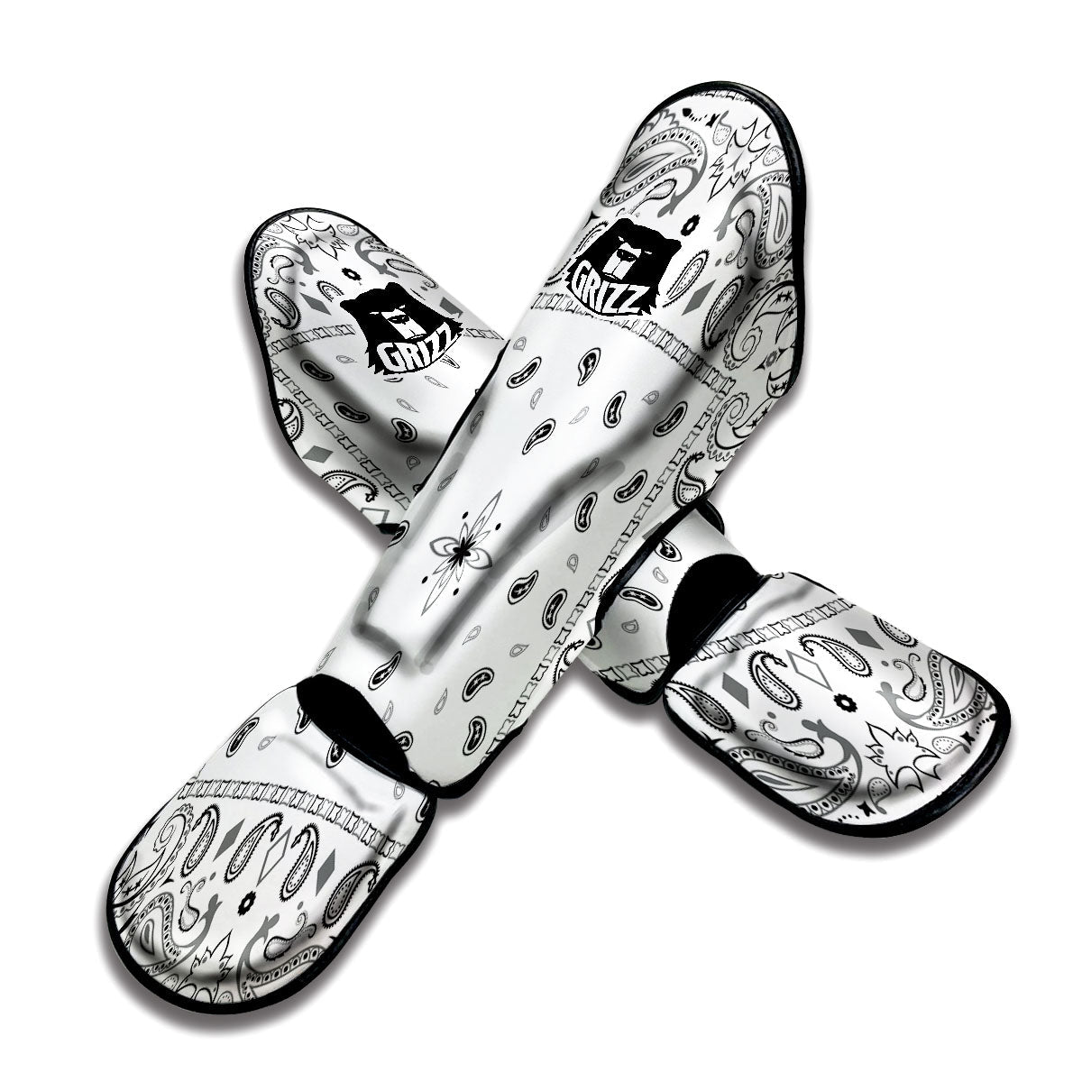 Paisley Bandana White And Black Print Muay Thai Shin Guards-grizzshop