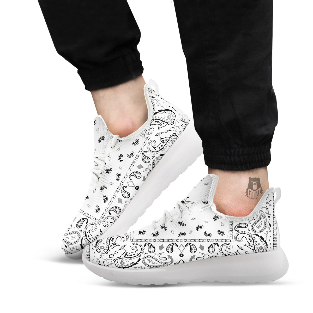 Paisley Bandana White And Black Print White Athletic Shoes-grizzshop
