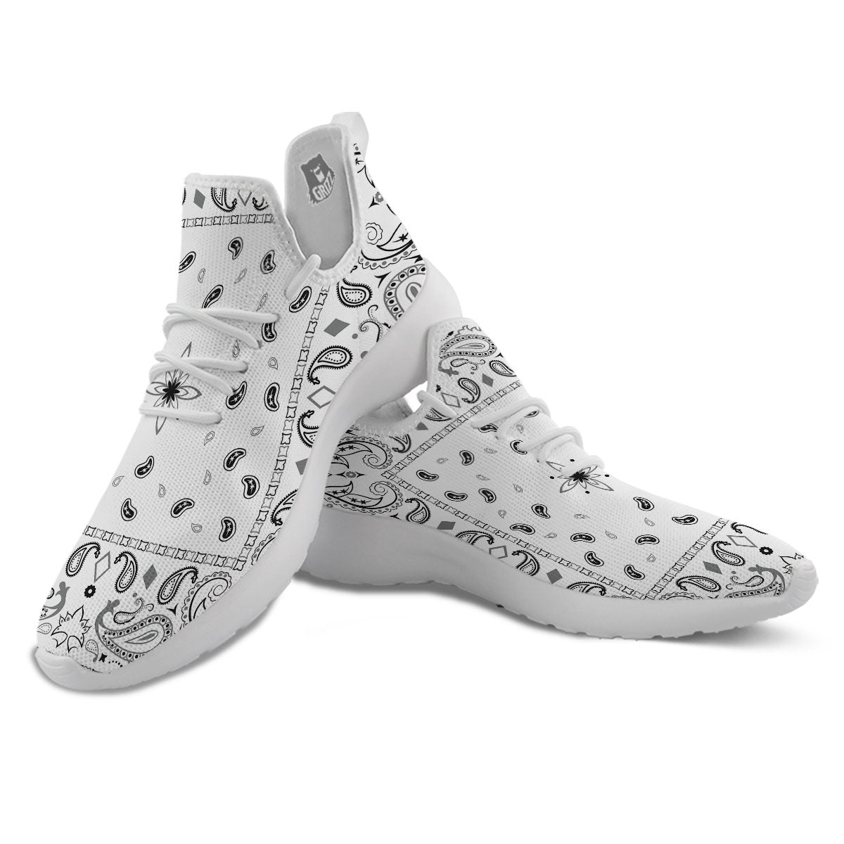 Paisley Bandana White And Black Print White Athletic Shoes-grizzshop