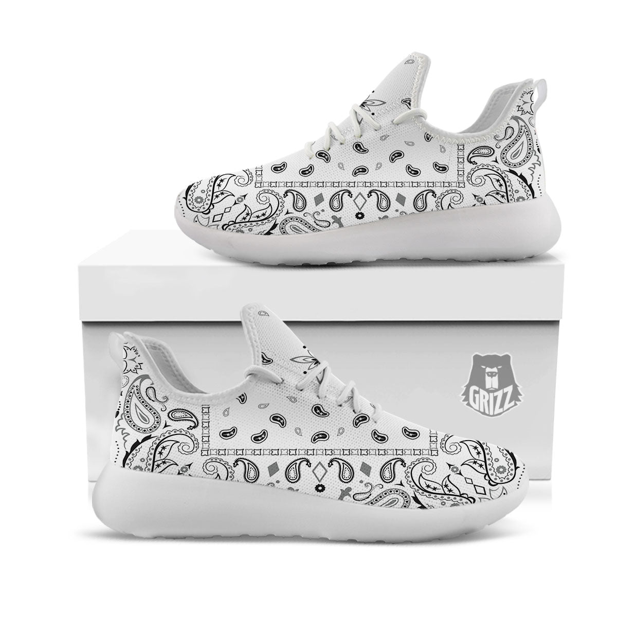 Paisley Bandana White And Black Print White Athletic Shoes-grizzshop