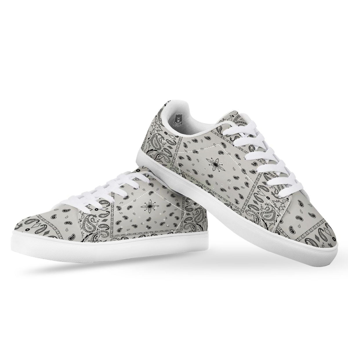 Paisley Bandana White And Black Print White Low Top Sneakers-grizzshop