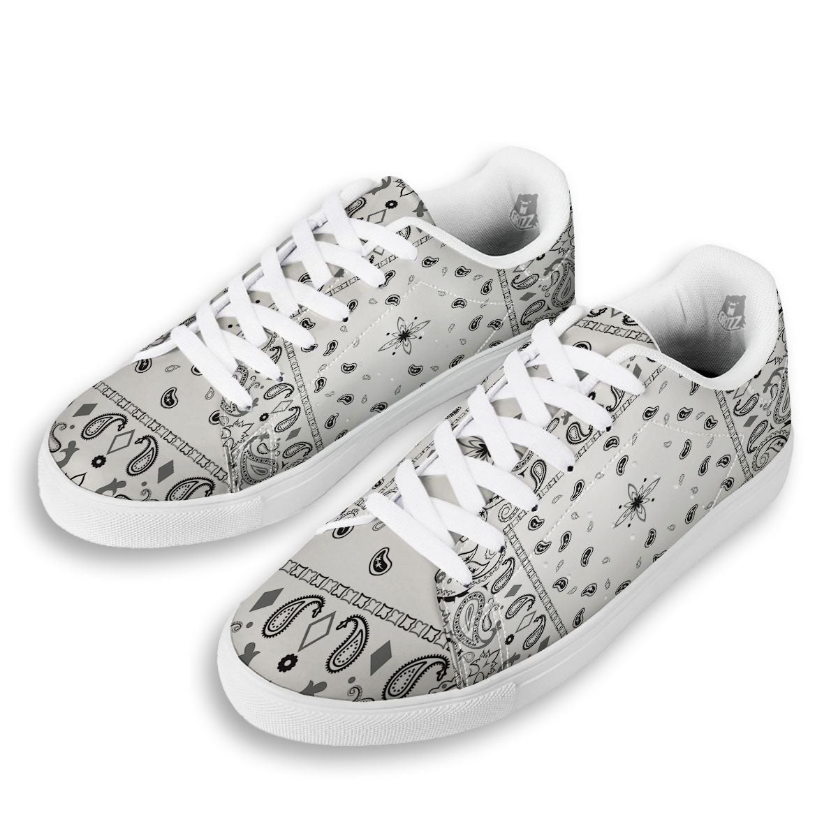 Paisley Bandana White And Black Print White Low Top Sneakers-grizzshop