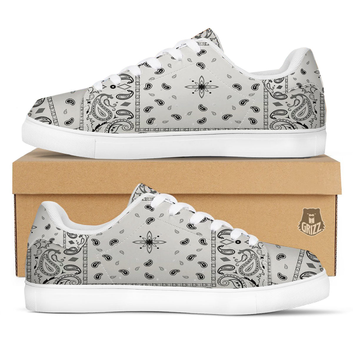 Paisley Bandana White And Black Print White Low Top Sneakers-grizzshop