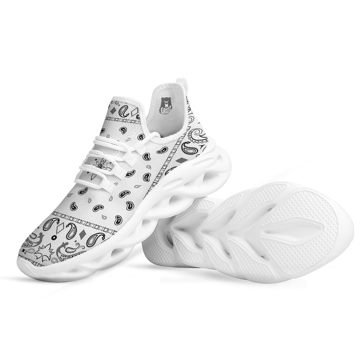 Paisley Bandana White And Black Print White Running Shoes-grizzshop