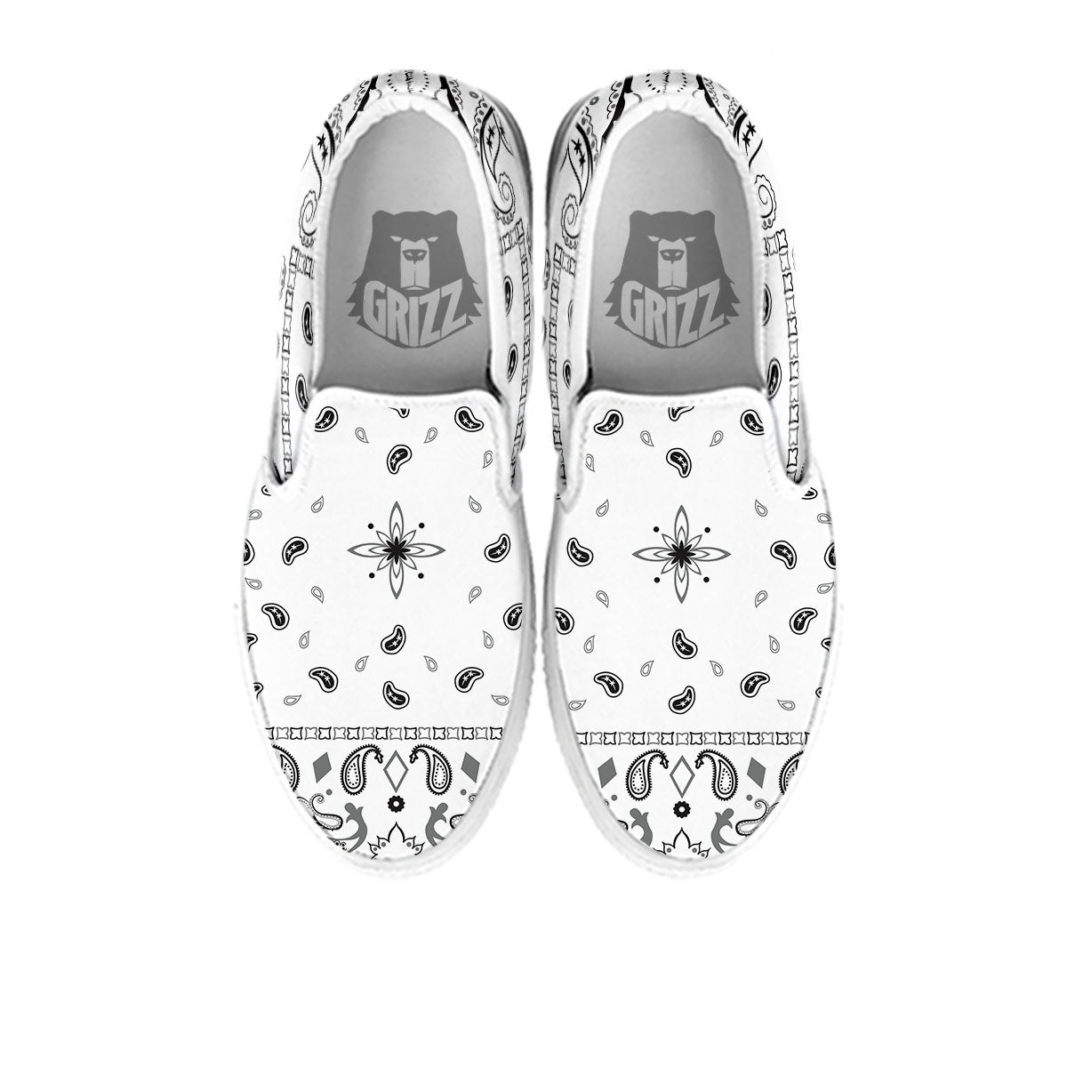 Paisley Bandana White And Black Print White Slip On Shoes-grizzshop