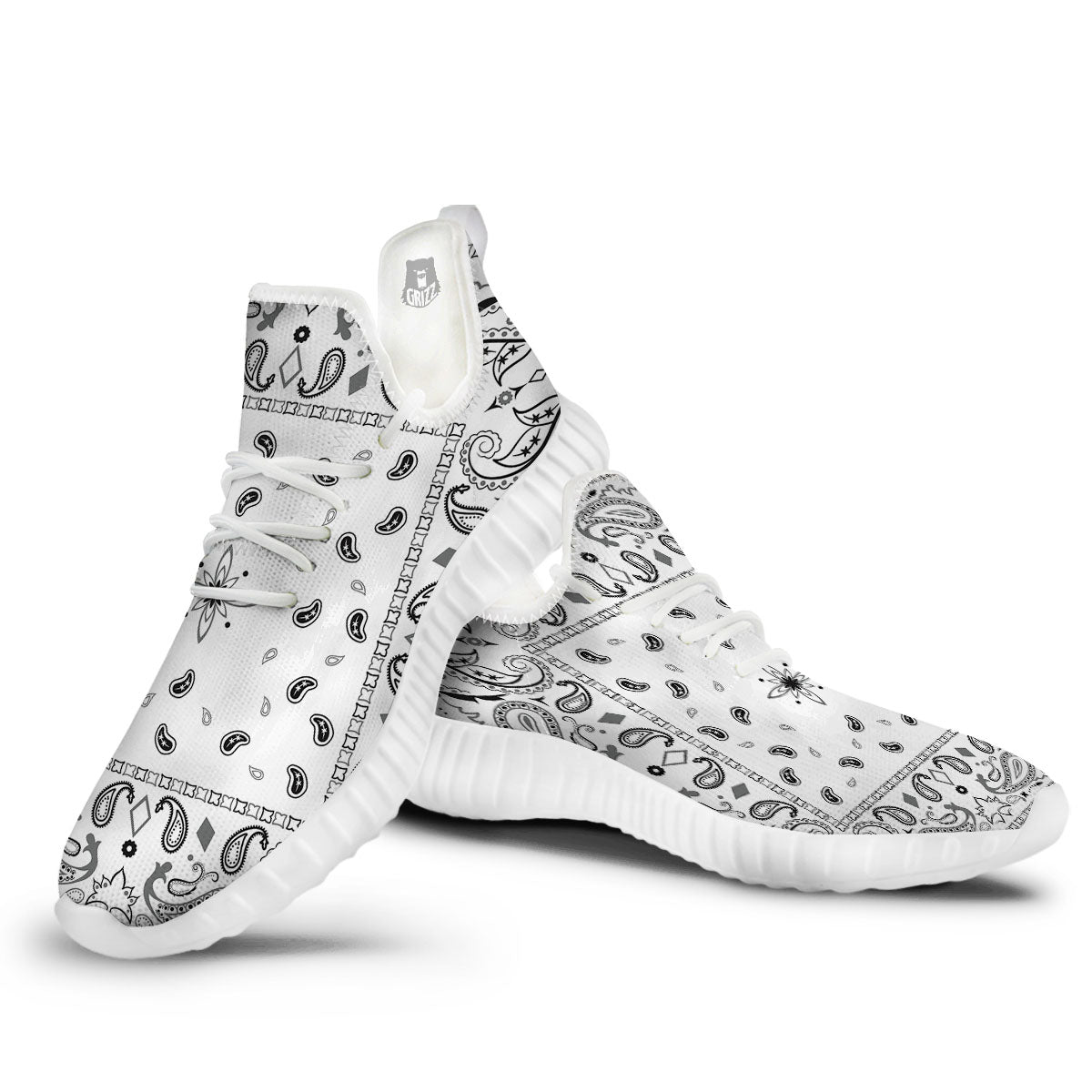 Paisley Bandana White And Black Print White Walking Shoes-grizzshop