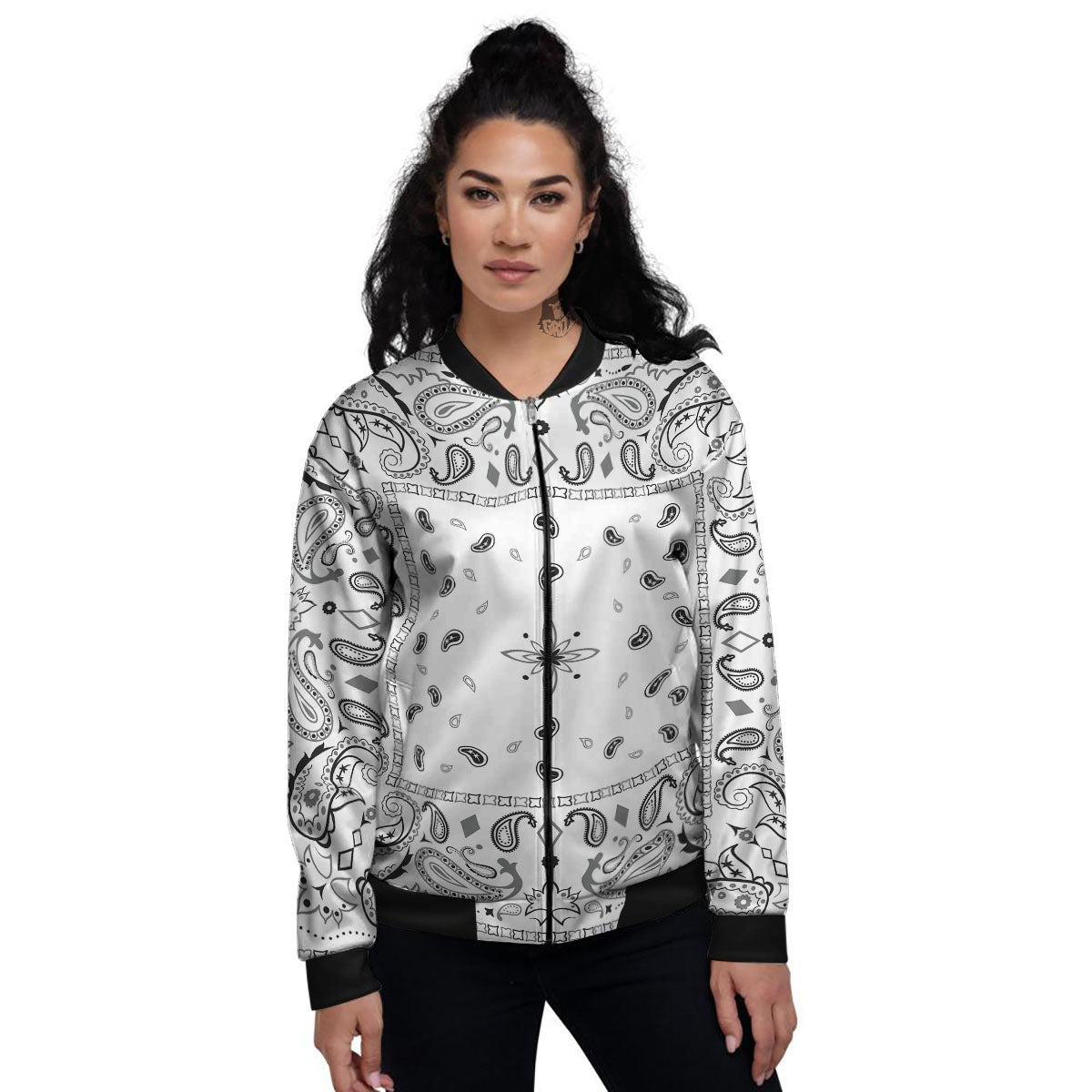 Paisley Bandana White And Black Print Women's Bomber Jacket-grizzshop