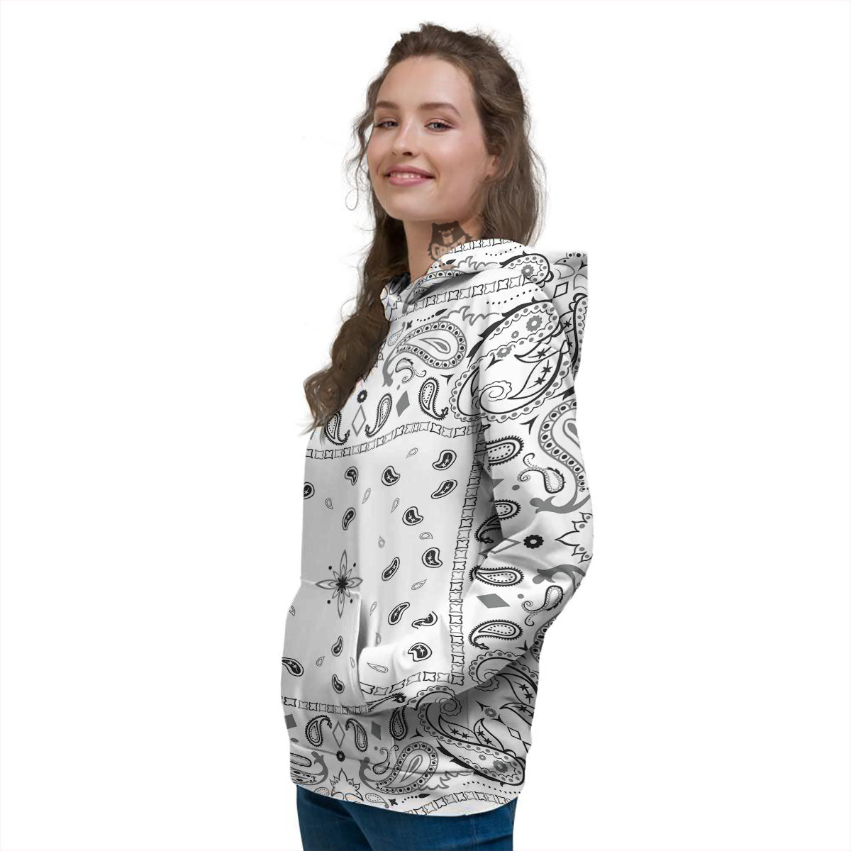 Paisley Bandana White And Black Print Women's Hoodie-grizzshop