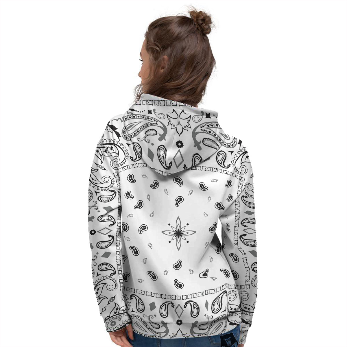 Paisley Bandana White And Black Print Women's Hoodie-grizzshop