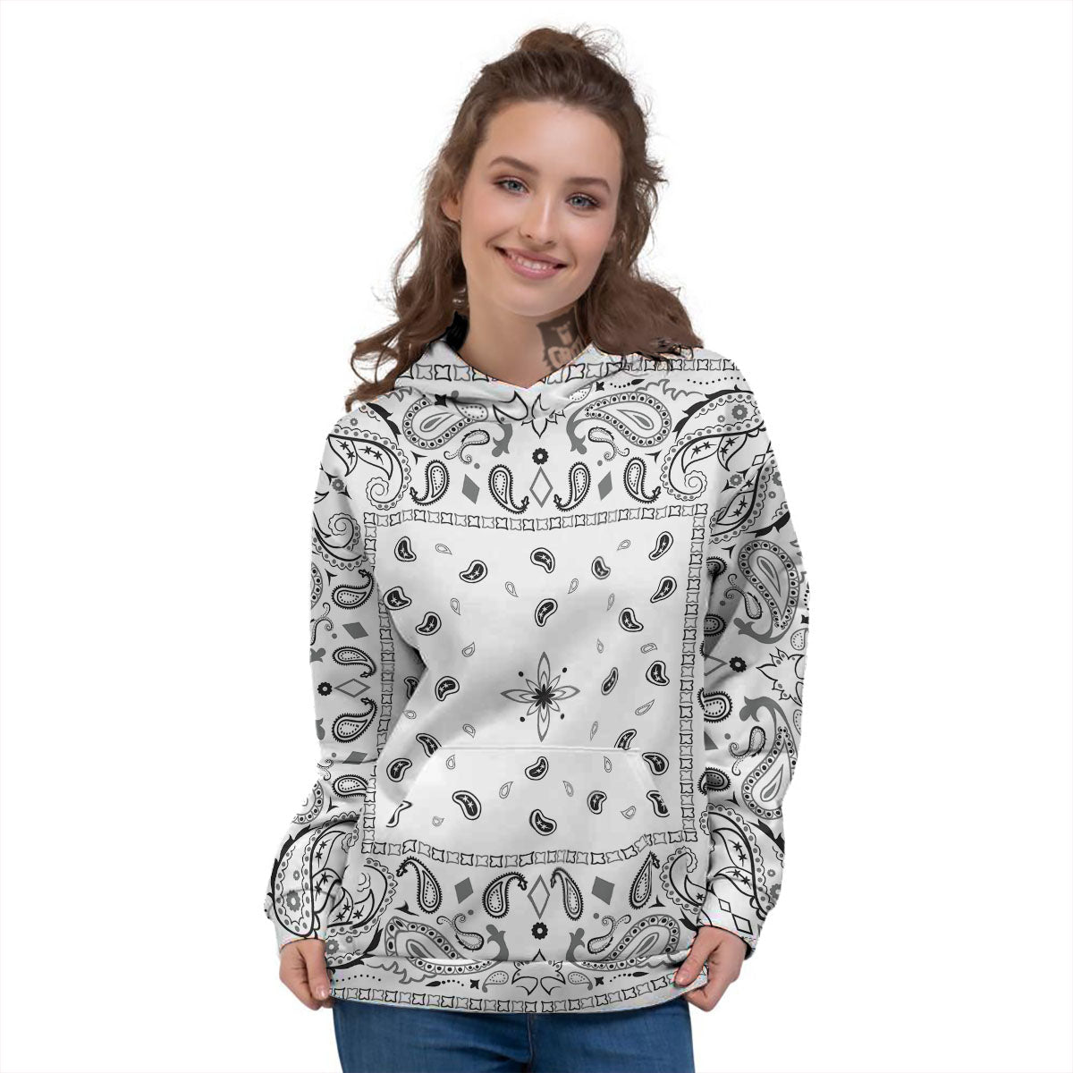 Paisley Bandana White And Black Print Women's Hoodie-grizzshop