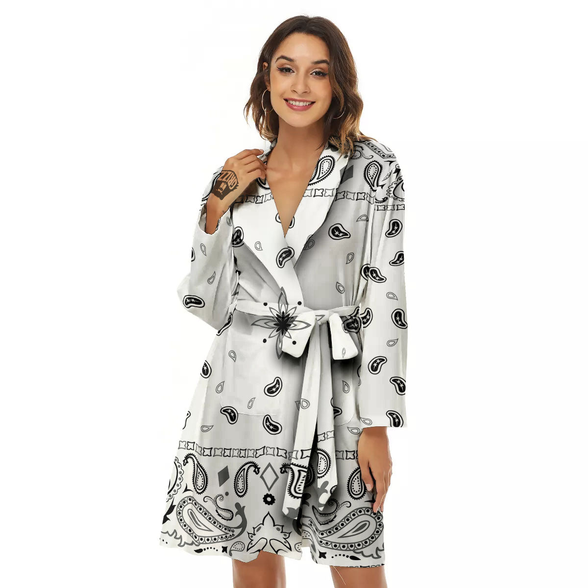 Paisley Bandana White And Black Print Women's Robe-grizzshop