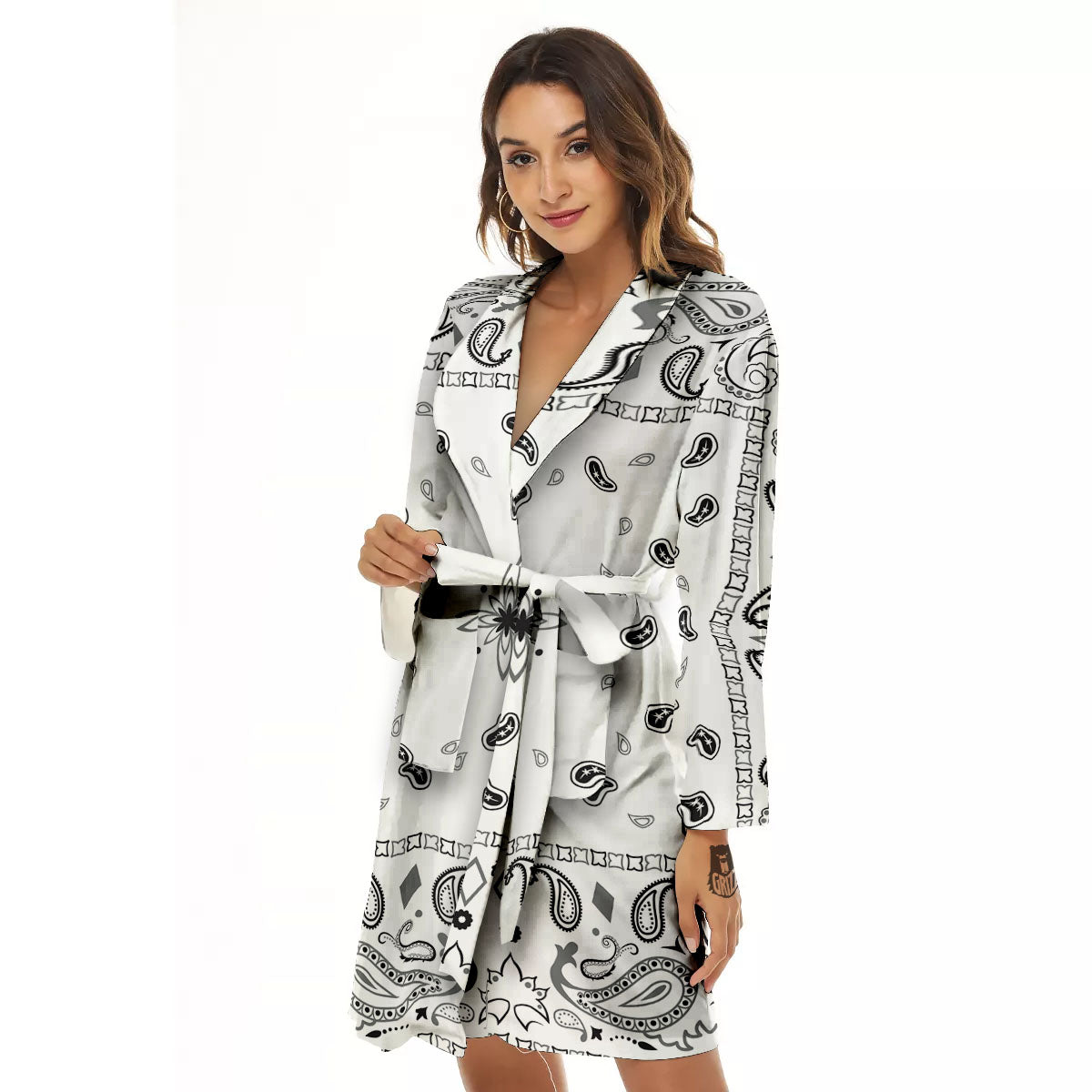 Paisley Bandana White And Black Print Women's Robe-grizzshop