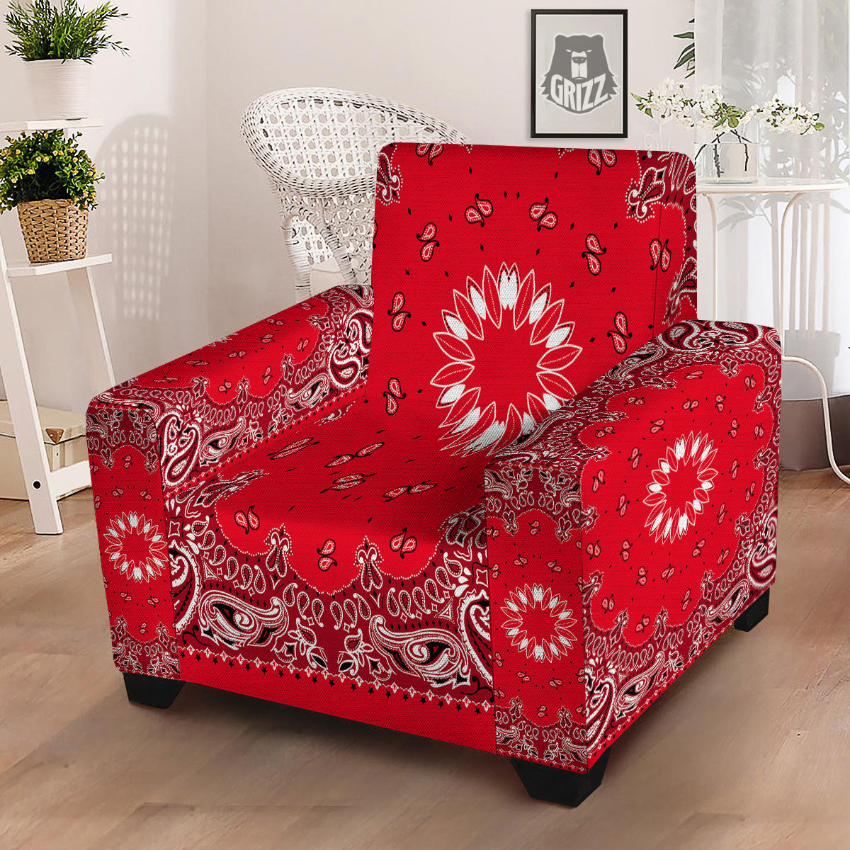 Paisley Bandana White And Red Print Armchair Slipcover-grizzshop