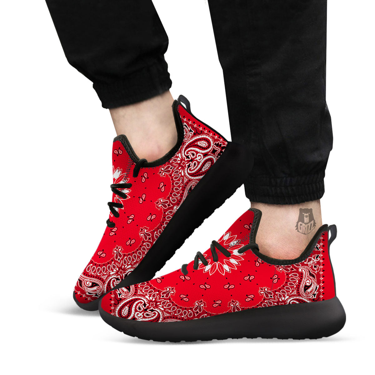 Paisley Bandana White And Red Print Black Athletic Shoes-grizzshop