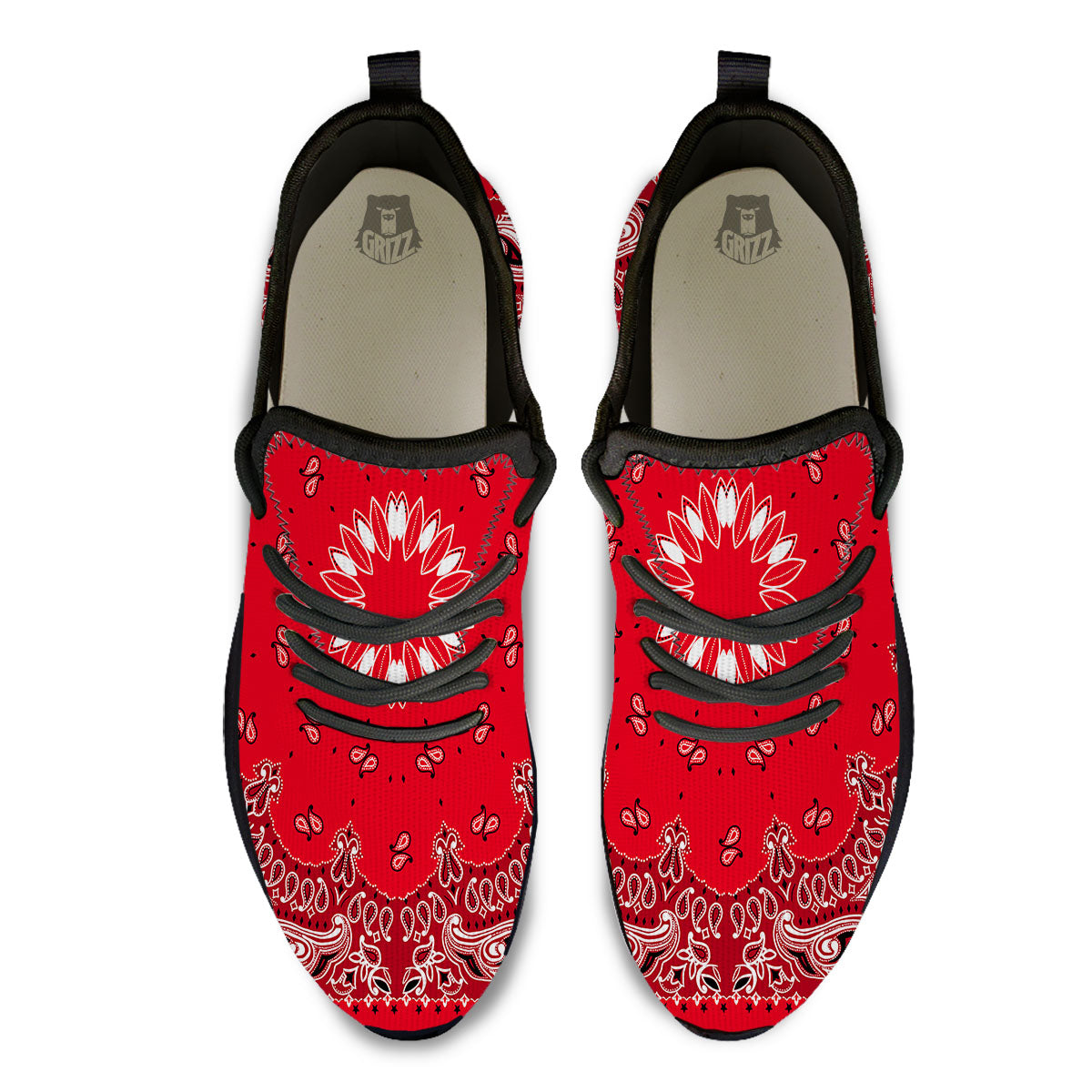 Paisley Bandana White And Red Print Black Athletic Shoes-grizzshop