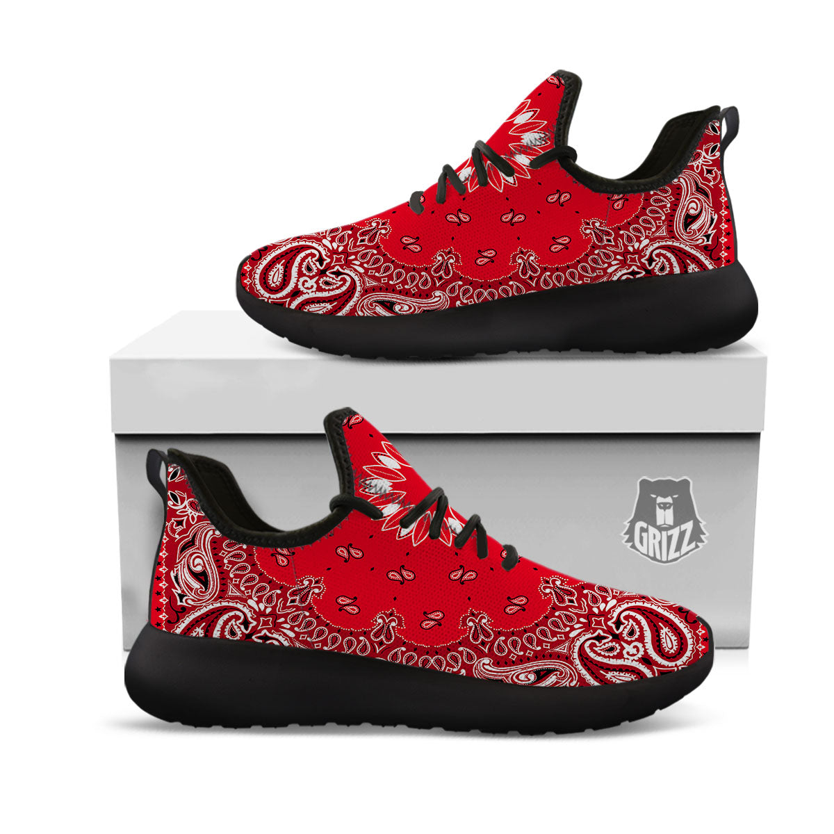 Paisley Bandana White And Red Print Black Athletic Shoes-grizzshop