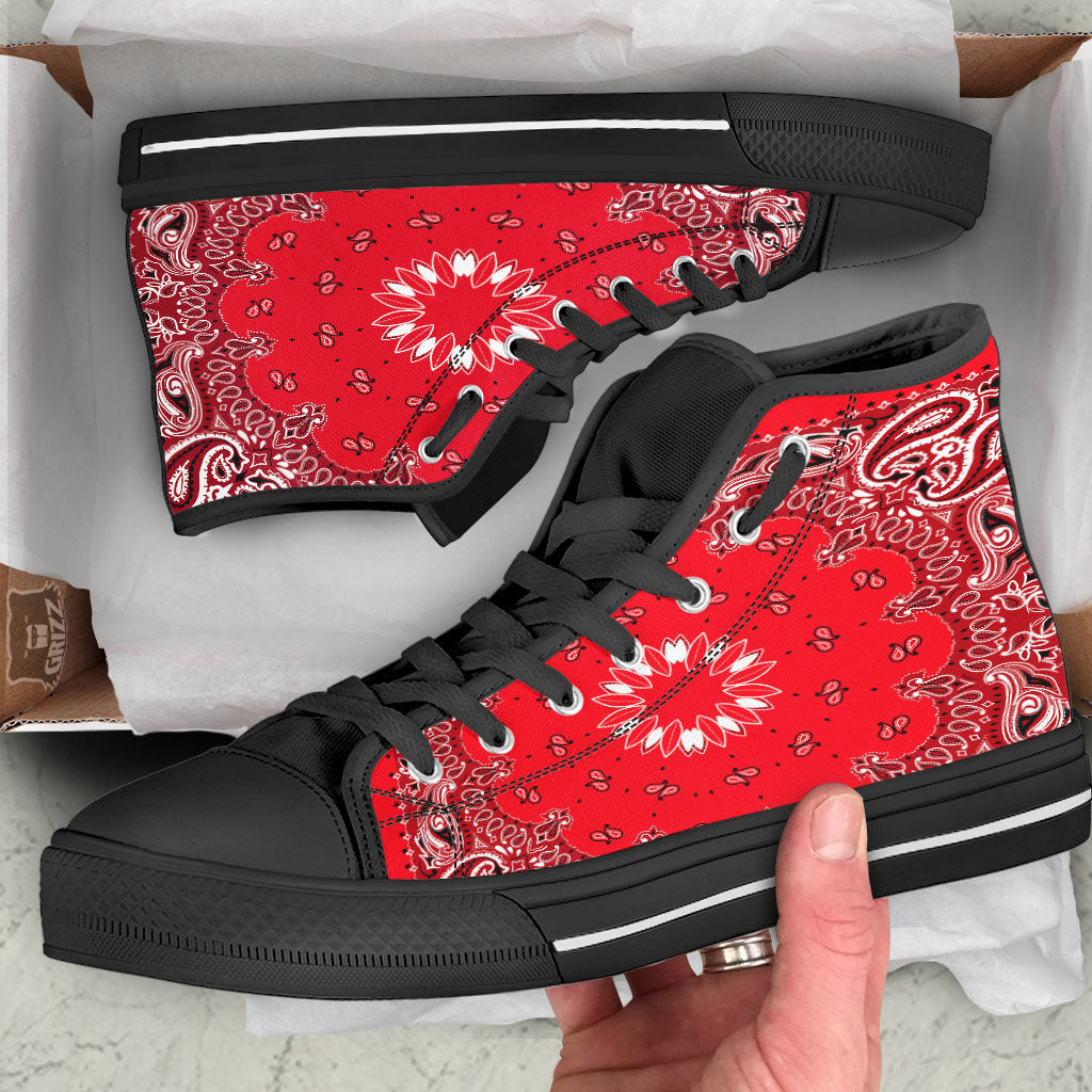 Paisley Bandana White And Red Print Black High Top Shoes-grizzshop