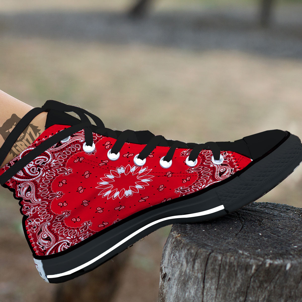 Paisley Bandana White And Red Print Black High Top Shoes-grizzshop