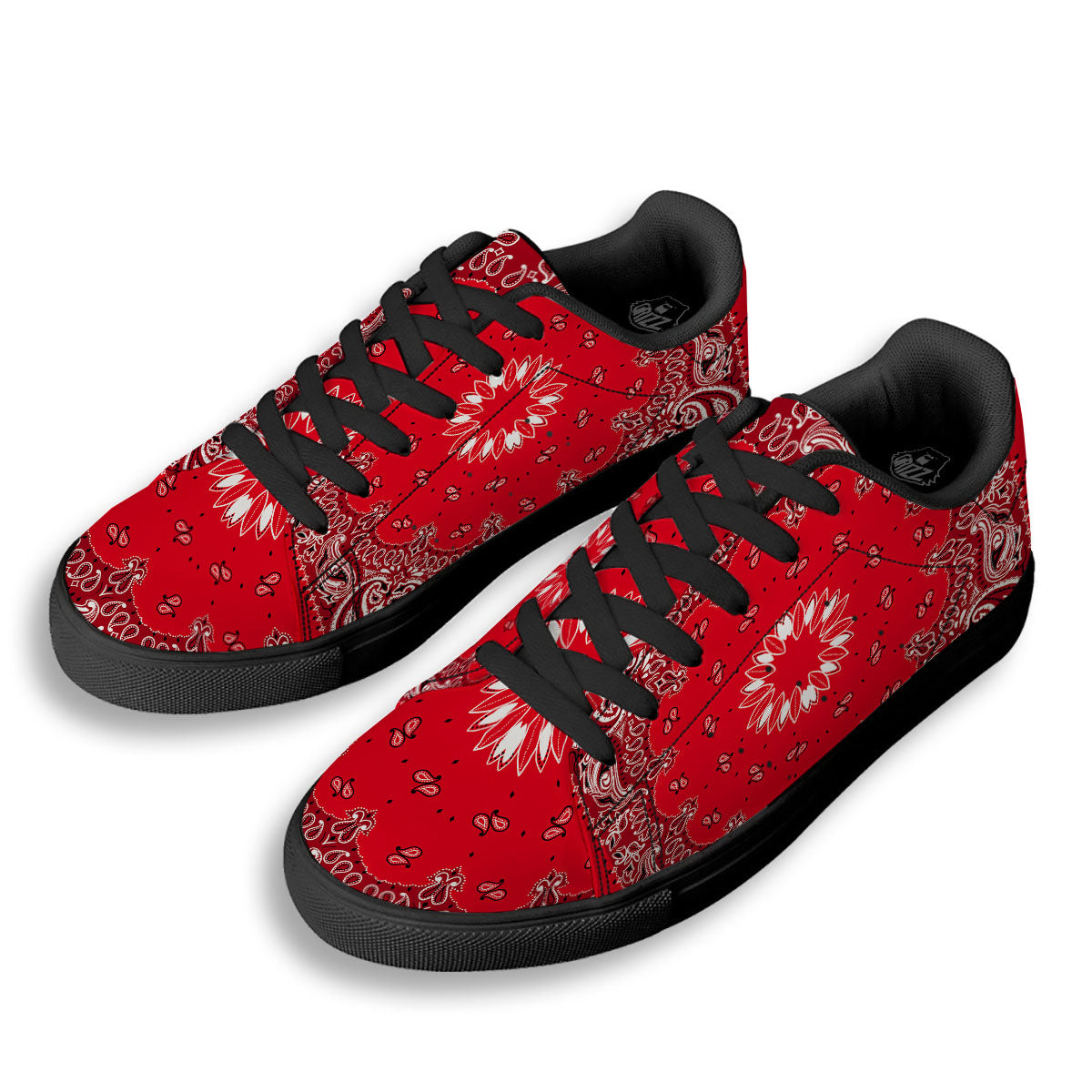 Paisley Bandana White And Red Print Black Low Top Sneakers-grizzshop