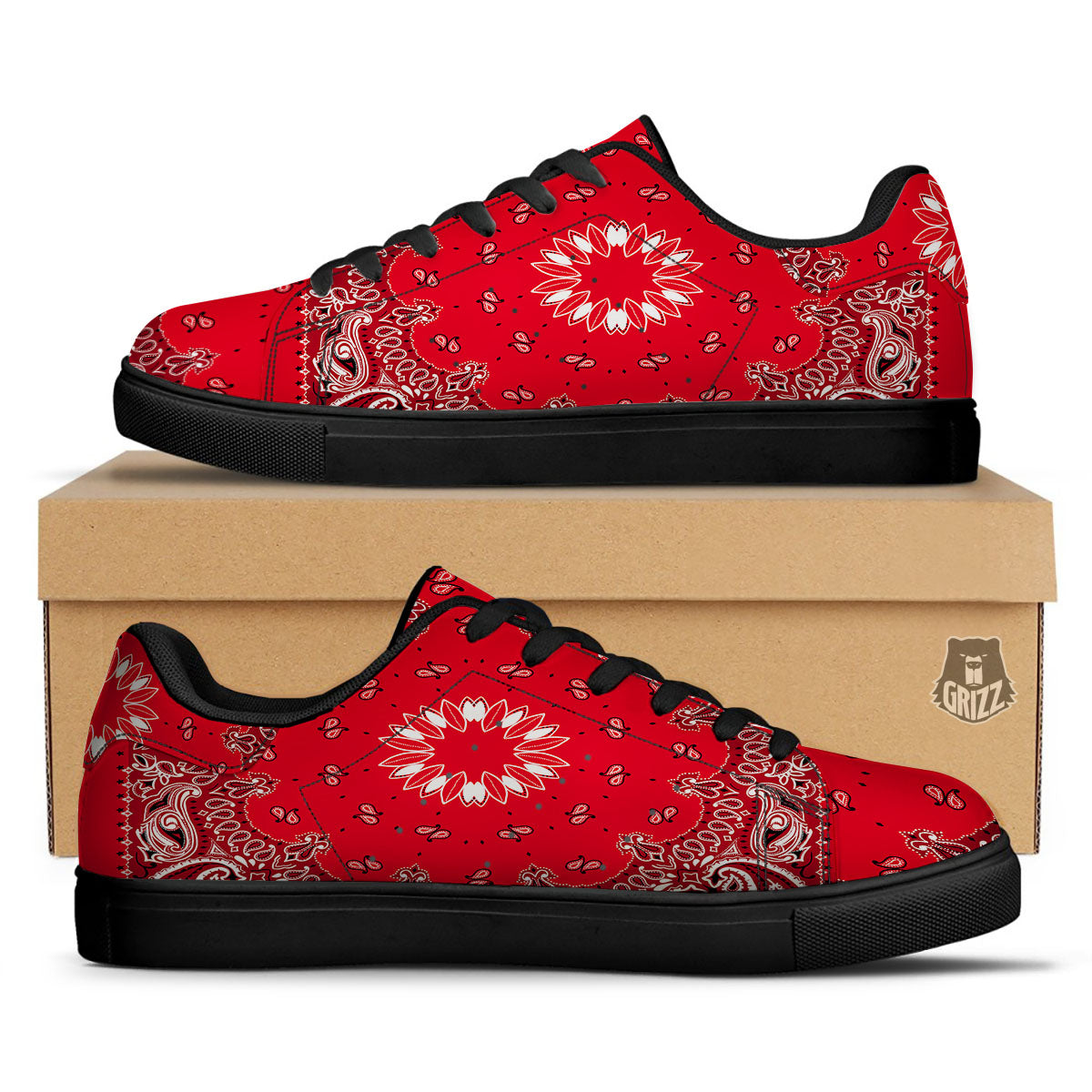 Paisley Bandana White And Red Print Black Low Top Sneakers-grizzshop