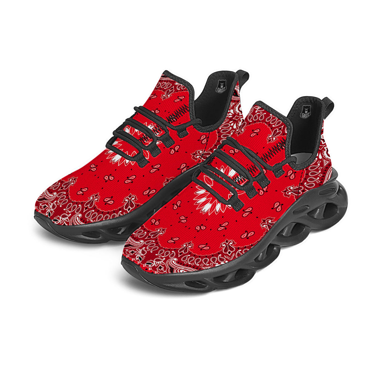 Paisley Bandana White And Red Print Black Running Shoes-grizzshop