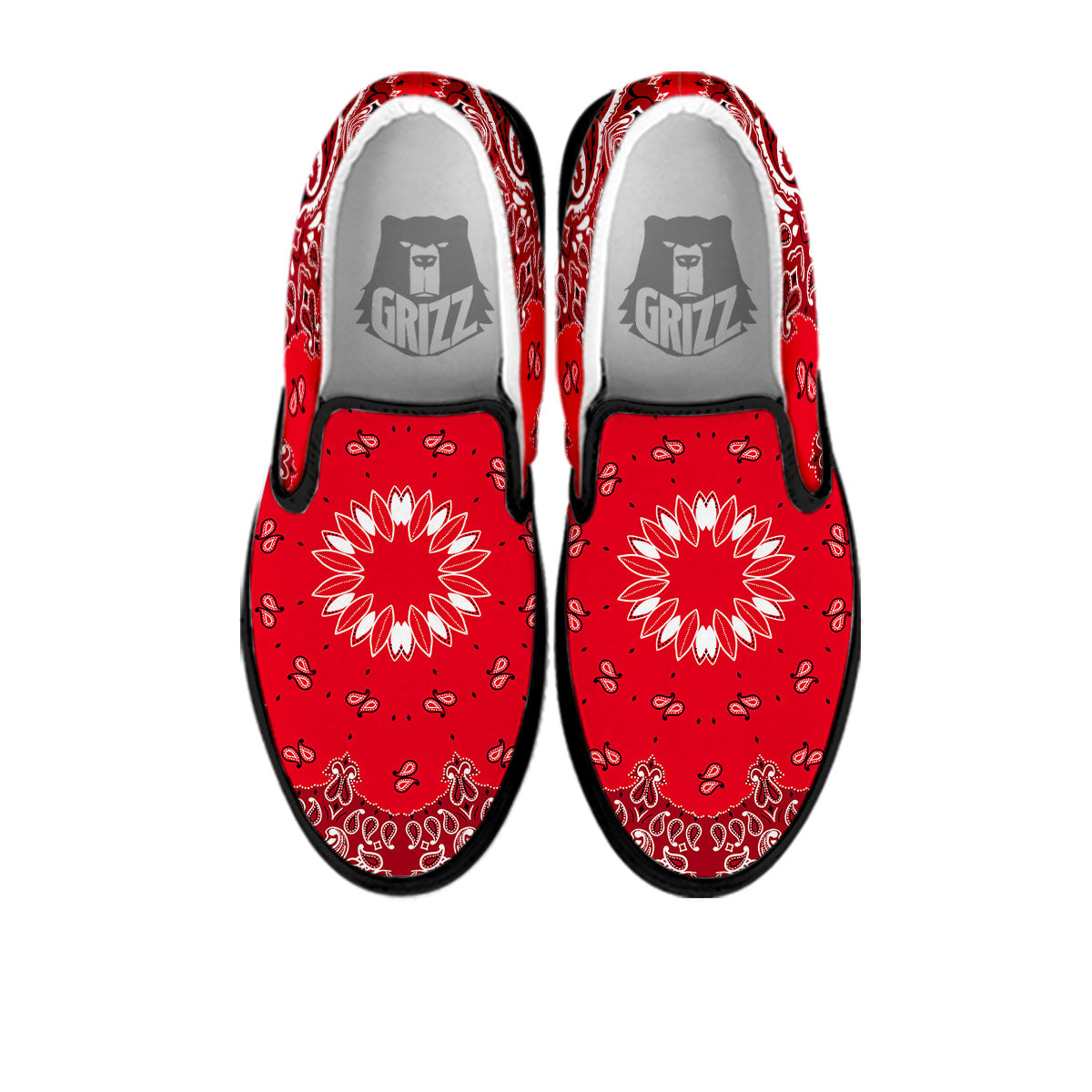 Paisley Bandana White And Red Print Black Slip On Shoes-grizzshop