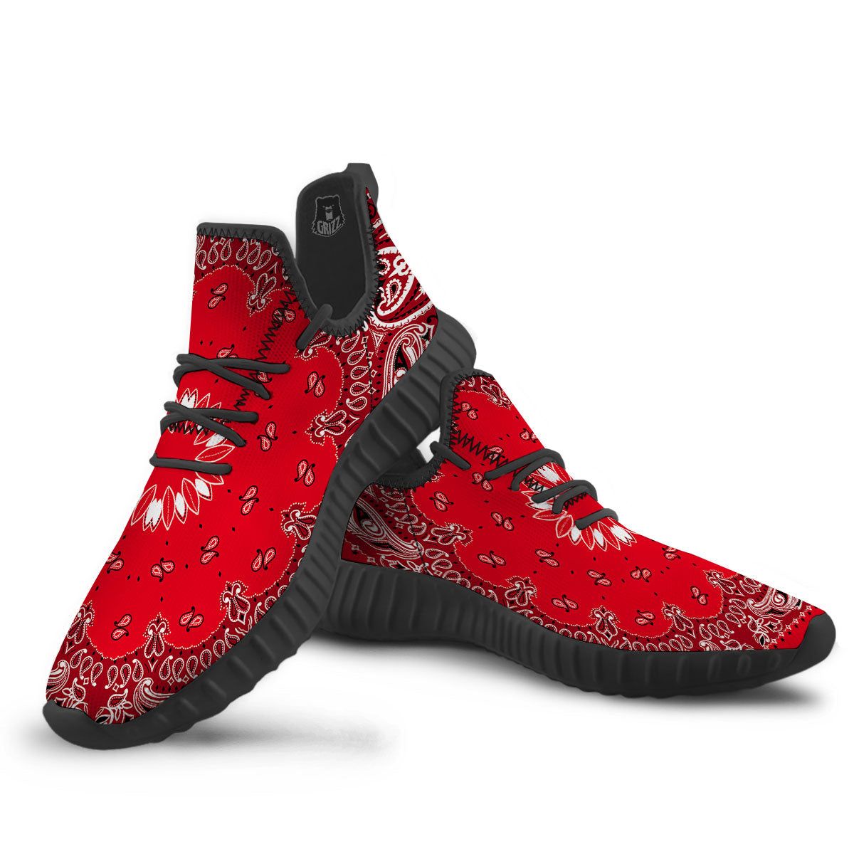 Paisley Bandana White And Red Print Black Walking Shoes-grizzshop