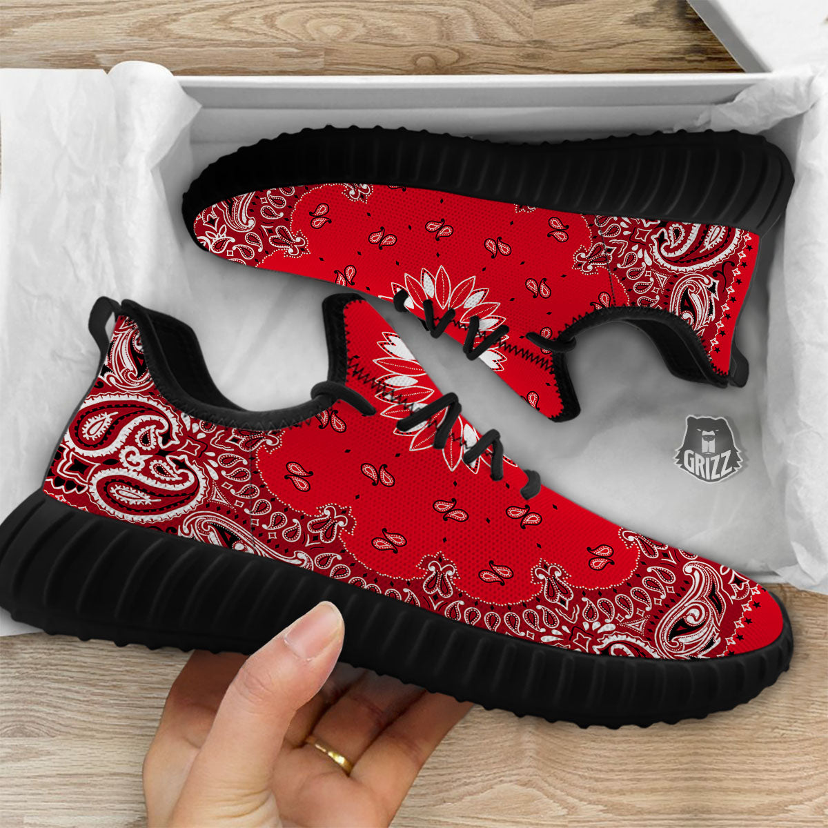 Paisley Bandana White And Red Print Black Walking Shoes-grizzshop