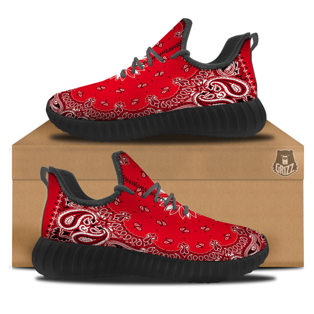 Paisley Bandana White And Red Print Black Walking Shoes-grizzshop