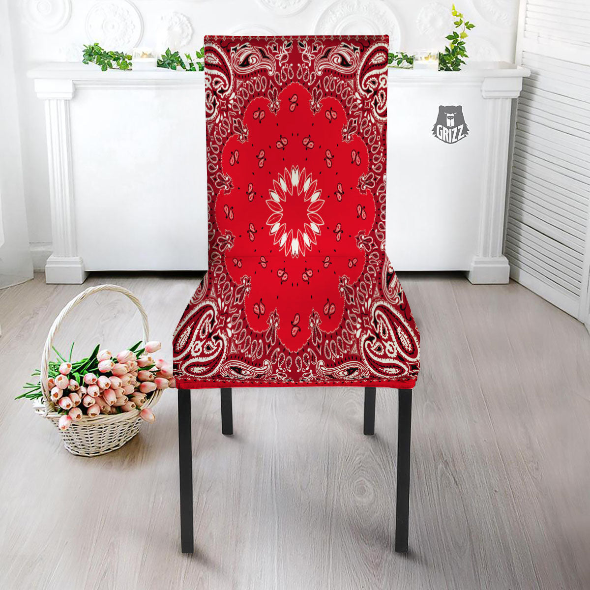 Paisley Bandana White And Red Print Dining Chair Slipcover-grizzshop